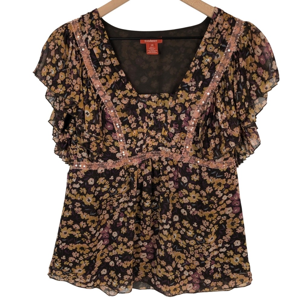 SUNDANCE 100% Silk Floral Sequin Top Sz M Brown Floral Bead Trim Flutter Sleeve